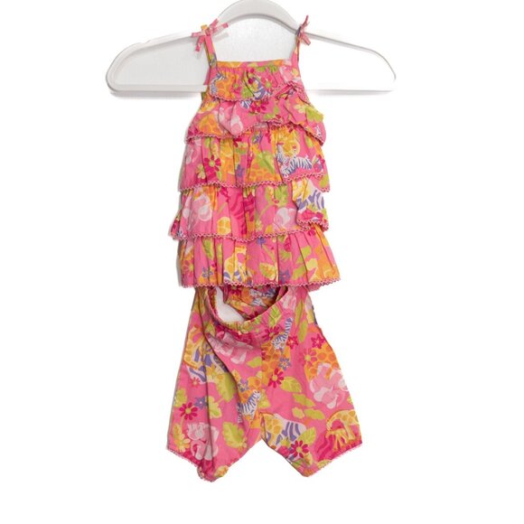 Baby Girls Size 3-6M Floral Tiered Ruffle Outfit & Diaper Cover Set - Pink & Mul - Picture 1 of 8